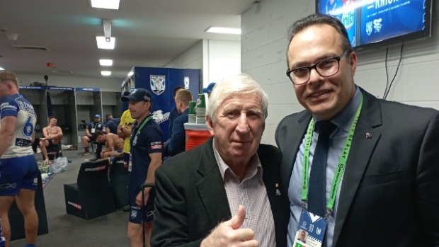 Bulldogs legend Steve Mortimer and Canterbury chairman John Khoury after he made a special visit to Trent Barrett’s sheds after the shock win over the Roosters.