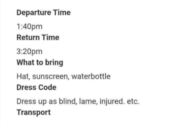 The invitation asked students to “dress up as blind, lame, injured, etc”.