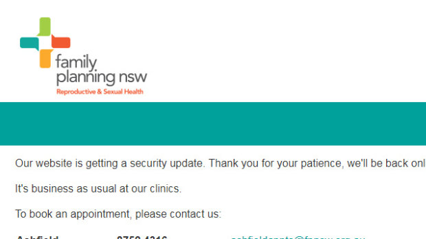The message on the Family Planning NSW website on Monday.