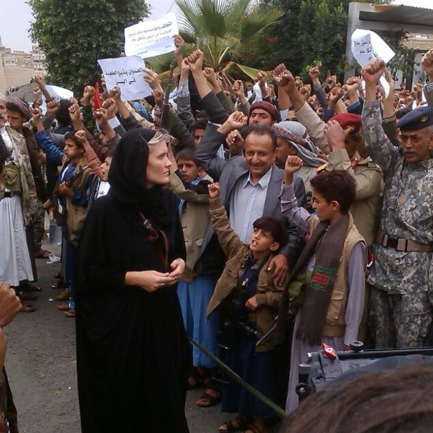 Sophie McNeill at a 2016 Houthi rally in Yemen. She hopes people will no longer look away from what's happening in other countries. 