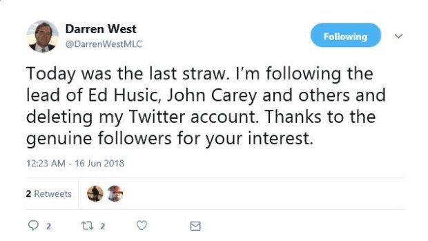 A message posted by Darren West MLC before he deleted his Twitter account.