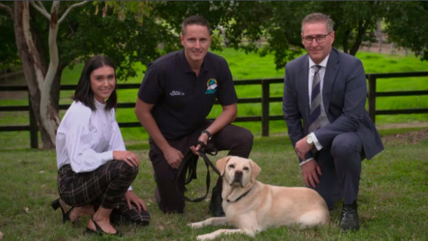Racing NSW chief investigator Jacqueline Johnstone, handler Jared Rodger, chief steward Marc Van Gestel and Bear, the Racing NSW sniffer dog.