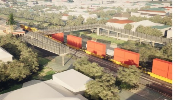 An artist’s impression of a new pedestrian bridge to be built over the railway line at Wagga Wagga to accommodate taller trains.