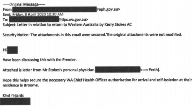 The federal minister personally sent Mr Stokes' doctor's letter to WA Premier Mark McGowan's chief of staff Guy Houston 'hoping' it secured him authorisation to quarantine in Broome.