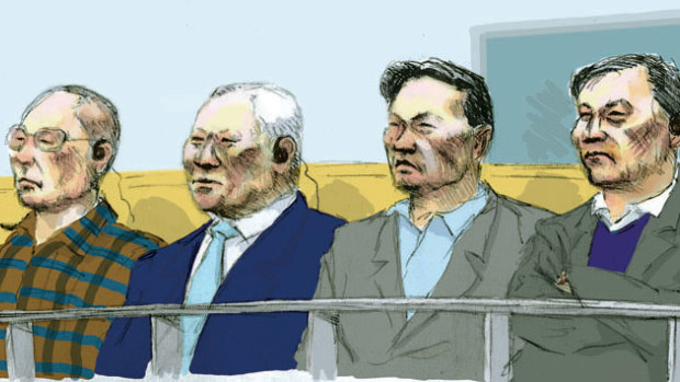 From left to right: Choi Dong Song, Man Sun Song, Man Jin Ri and Ju Chon Ri in the Supreme Court, Melbourne. Illustration by Matt Davidson