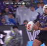 Latrell Mitchell’s tackle of Sua Fa’alogo in the Rabbitohs Anzac Day loss to the Storm 2025.