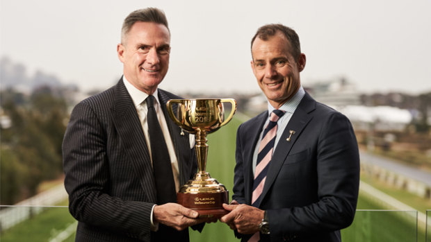 Done deal: VRC Chief Executive Officer Neil Wilson and Network Ten Chief Executive Officer Paul Anderson after announcing the media rights partnership for the Melbourne Cup Carnival.