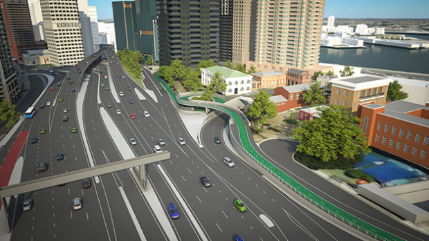 An artist's impression of the 2016 proposed cycle ramp on the opposite side of the freeway. 