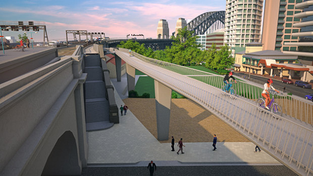 An artist's impression of the 2016 proposed cycle ramp at the northern end of the Sydney Harbour Bridge. 