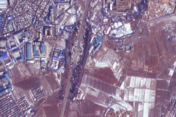 This satellite image from Planet Labs PBC appears to show the Pyongyang’s Monument to the Three Charters for National Reunification, which was also commonly called the Arch of Reunification, destroyed in Pyongyang, North Korea.