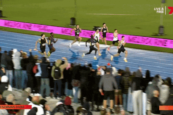 Lachie Kennedy edges Gout Gout at the Maurie Plant Meet last month – just.