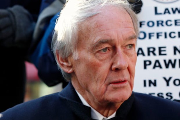US Senator Ed Markey, D-Mass., attends a rally with government workers and their supporters in Boston.