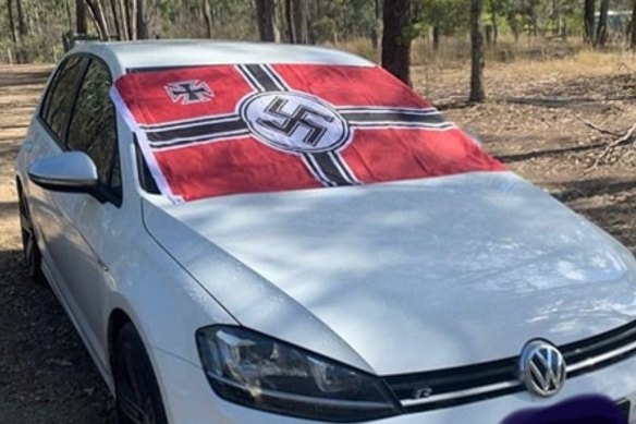 A photo posted on social media in 2020 of a vehicle displaying a Nazi flag outside Gladstone.