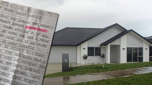 A note warning residents of Brian Cowley Place, in Tuakau, near Auckland, to beware of low income earners moving into their neighbourhood has caused outrage.