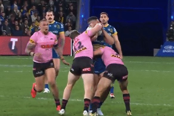 Nathan Cleary was sent-off for this lifting tackle on Dylan Brown.