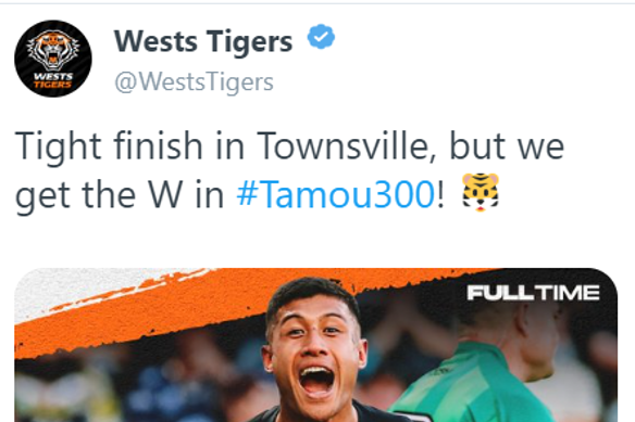 The since-deleted Wests Tigers tweet celebrating their ‘win’ over North Queensland.
