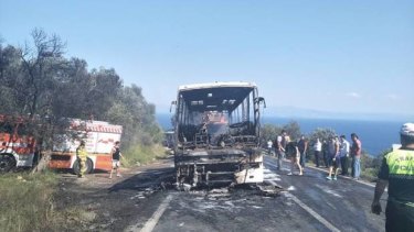 A bus full of Australian and New Zealand travellers burst into flames in Turkey. 