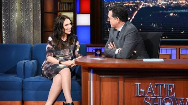 Jacinda Ardern with Stephen Colbert.