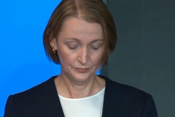 Telstra CEO Vicki Brady speaking at a press conference Friday.