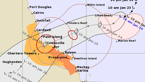 The forecast track map for Tropical Cyclone Kirrily, released by the Bureau of Meteorology at 10.49am on January 24.