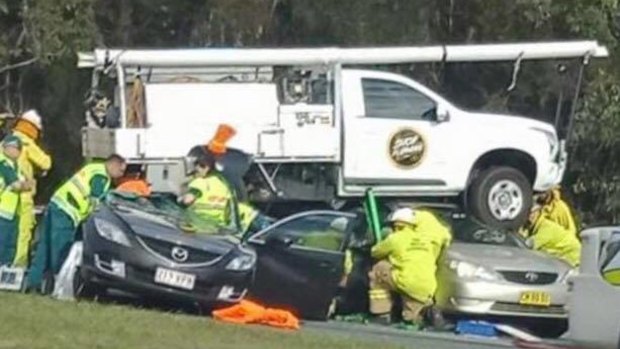 The ute landed on cars on Pumicestone Road after coming down the off-ramp alongside the Caboolture Bypass.