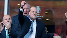 DUSSELDORF, GERMANY - JULY 6: Prince William, Prince of Wales and FA President celebrates the goal of Bukayo Saka of England with FA Chair Debbie Hewitt, FA CEO Mark Bullingham, left UEFA President Aleksander Ceferin during the UEFA EURO 2024 quarter-final match between England and Switzerland at Dusseldorf Arena on July 6, 2024 in Dusseldorf, Germany. (Photo by Jean Catuffe/Getty Images)