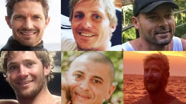 The six fishermen who were on the trawler Dianne (left to right). Top: Ben Leahy, Adam Hoffman and Eli Tonks. Bottom: Zachary Feeney, Chris Sammut and Adam Bidner.