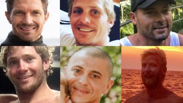 The six fishermen who were on the trawler Dianne (left to right). Top: Ben Leahy, Adam Hoffman and Eli Tonks. Bottom: Zachary Feeney, Chris Sammut and Adam Bidner.