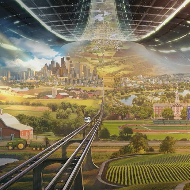 An artist’s rendering of a space colony, included in a presentation by Blue Origin and Amazon founder Jeff Bezos.