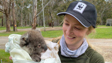 Dr Kita Ashman holds a young koala.