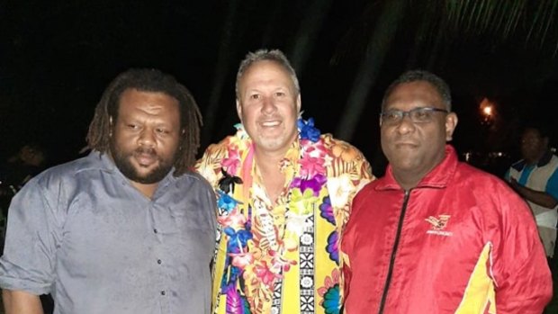 Steve Andrew (centre) on his trip to Vanuatu where he was made a tribal chief.