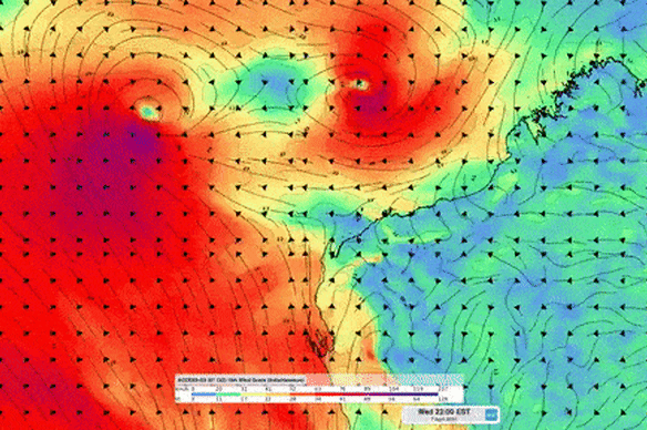 A previous example of the Fujiwhara effect from 2021, when Tropical Cyclone Seroja began to circle around another tropical low (both shown in purple) off WA.