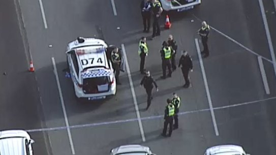 Police at the scene of a suspected shooting on the Monash Freeway.