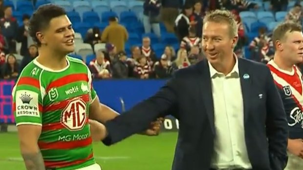 Latrell Mitchell and Trent Robinson bury the hatchet following the clash between the Rabbitohs and Roosters at Allianz Stadium.