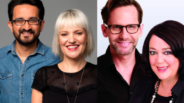 ABC Melbourne breakfast hosts Sami Shah (left) and Jacinta Parsons; ABC Sydney breakfast hosts Robbie Buck and Wendy Harmer.