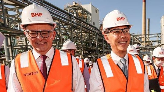 Before the current standoff: Prime Minister Anthony Albanese (left) and BHP chief executive Mike Henry (second from left) at BHP’s Kwinana nickel refinery in October 2022.