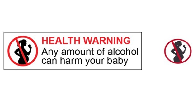 The proposed new pregnancy warning label, alongside the pictogram for bottles sized 200ml or less.