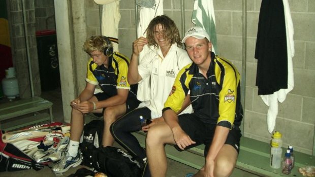 Ball (right) with teammates Jake Fawcett (left) and Tom Beaton (centre) while playing for Western Australia. 