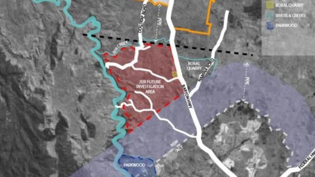 The Yass council's five-kilometre buffer zone north of the ACT's border where development would be frozen for 20 years, in purple, with the exemption carved out for Ginninderry at bottom left. The proposed "Jeir" development area in red has been abandoned.