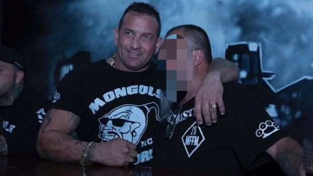 Former bikie Shane Bowden (left) at a Melbourne Mongols clubhouse with another gang member.