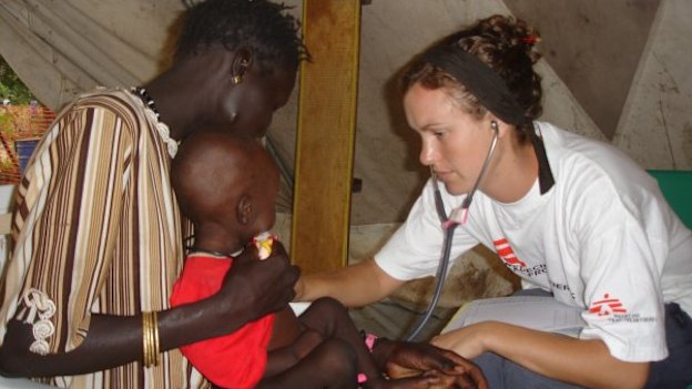 Anna Kent examining a child in 2007 at the Therapeutic Feeding Centre in Leer, in what is now known as South Sudan.