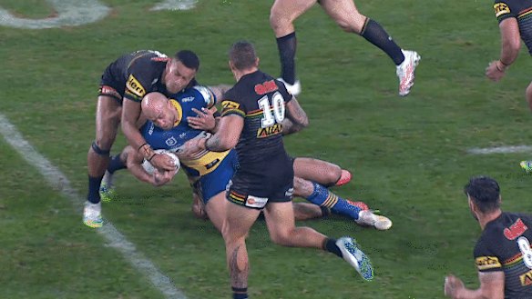 Blake Ferguson is caught in a crusher tackle against the Panthers in round five.