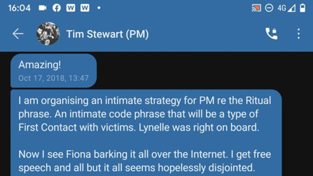 Tim Stewart’s text message exchange about ’Ritual abuse” sent five days before the Prime Minister’s speech.
