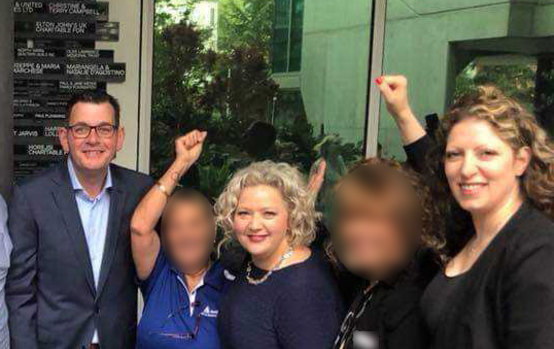 Daniel Andrews, then health minister Jill Hennessy (third from right) and union leader Diana Asmar (right) announcing the $2.2 million election commitment a week before the 2018 election campaign began.