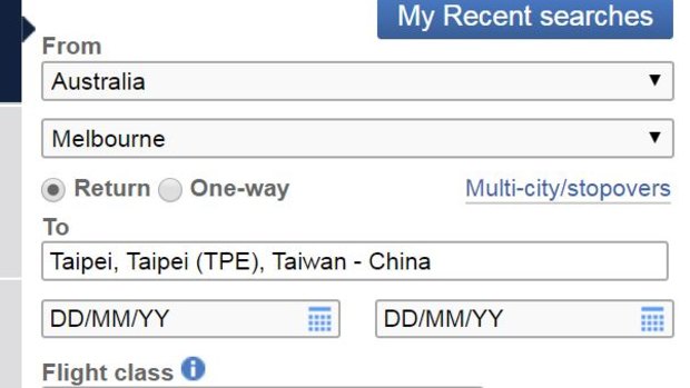 The flight menu on the British Airways website complies with Chinese rules on how to refer to Taiwan.