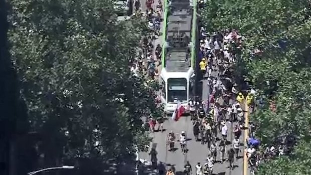 The demonstrators forced trams to a halt. 