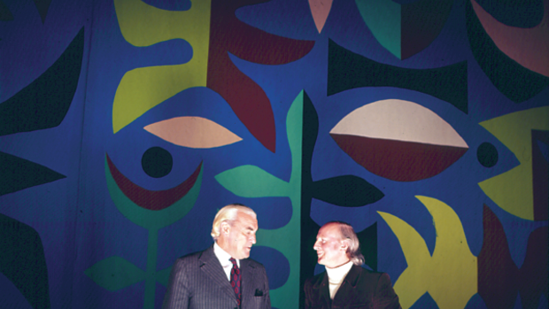 NSW Public Works Minister Davis Hughes and artist John Coburn in front of the Curtain of the Moon in 1972.