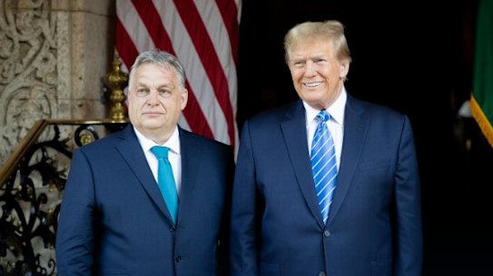 Hungary’s Viktor Orban and ex-US president Donald Trump at Mar-a-Lago last week.