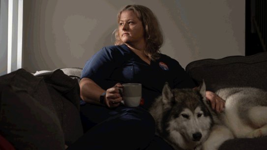 Portrait of COVID nurse and union delegate at Westmead Hospital Regina Spadavecchia, in Sydney on April 07, 2022  Photo: Flavio Brancaleone/The Sydney Morning Herald
Portrait of paramedic in Western Sydney and a HSU delegate Kieran Egan with his daughter Ella Egan 11 months, in Sydney on April 07, 2022  Photo: Flavio Brancaleone/The Sydney Morning Herald
Portrait of radiographer at RPA and HSU delegate Trisha Hann in Sydney on April 06,2022. Photo: Flavio Brancaleone/The Sydney Morning Herald
Photographs show Nicholas Howson, a mental health nurse and nurses union delegate at Cumberland Hospital. He shares his opinion on what it has been like as a front line worker during the pandemic.Nicholas is pictured at home in Mount Riverview. Photographs taken Friday 8th April 2022. Photographs by Dean Sewell. - GIF