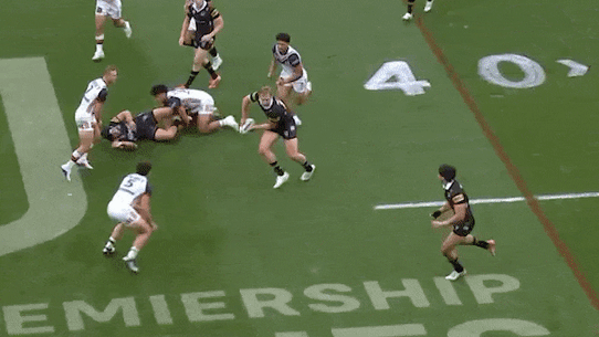 Mark Nawaqanitawase scores a spectacular intercept try against the Panthers.